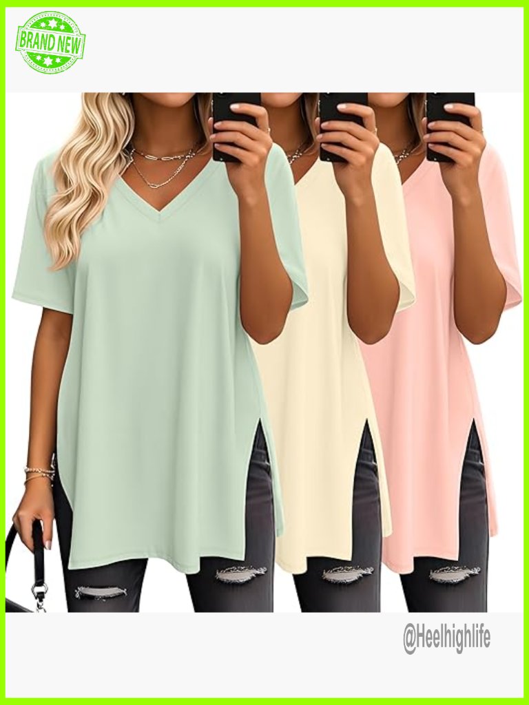 Oversized V-Neck T-Shirts 3 Pack Loose Fit Side Slit Casual Tops